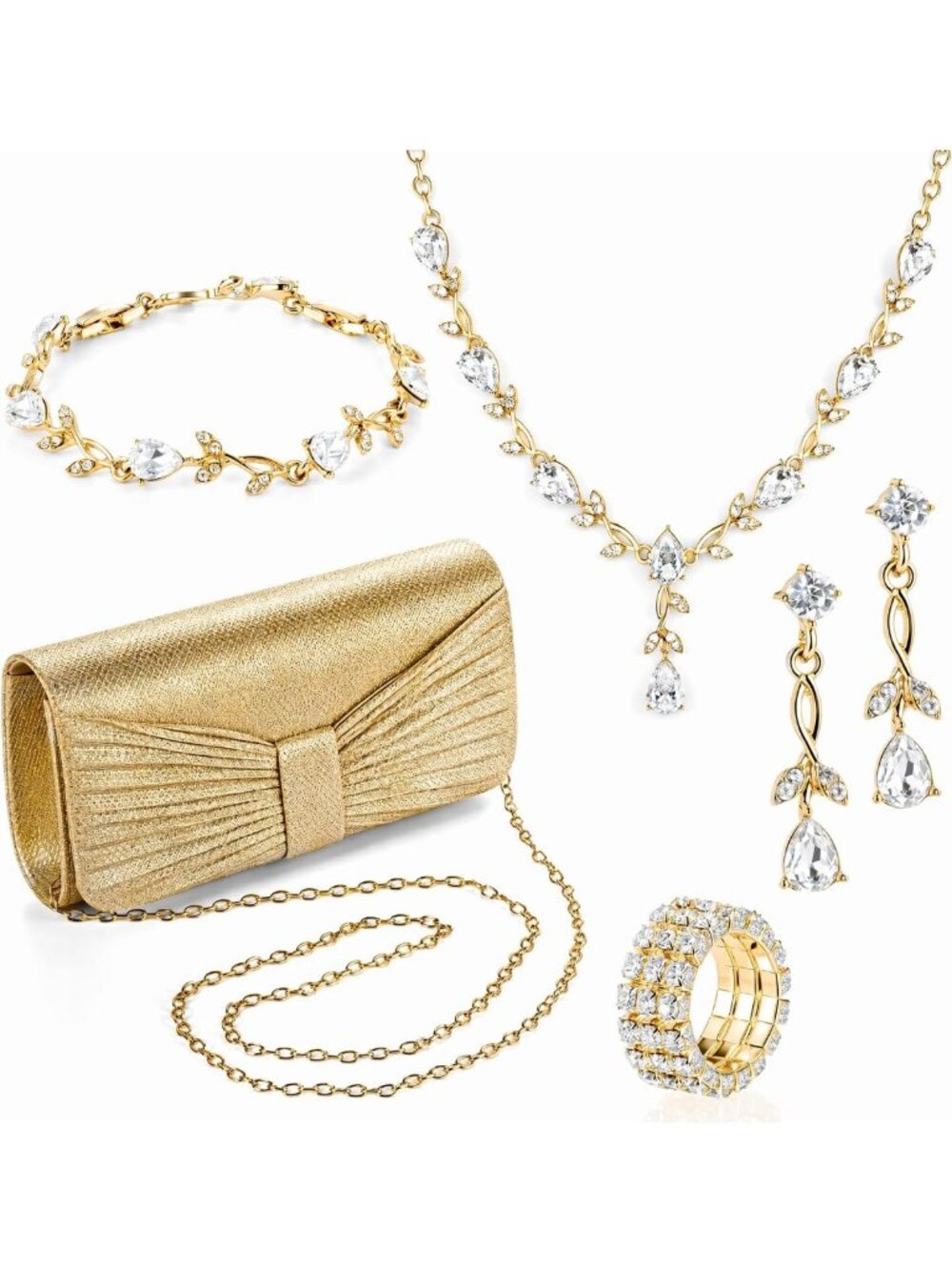 Glam Rhinestone Jewelry Set - 5PC Clutch Purse, Necklace, Earrings & Bracelets